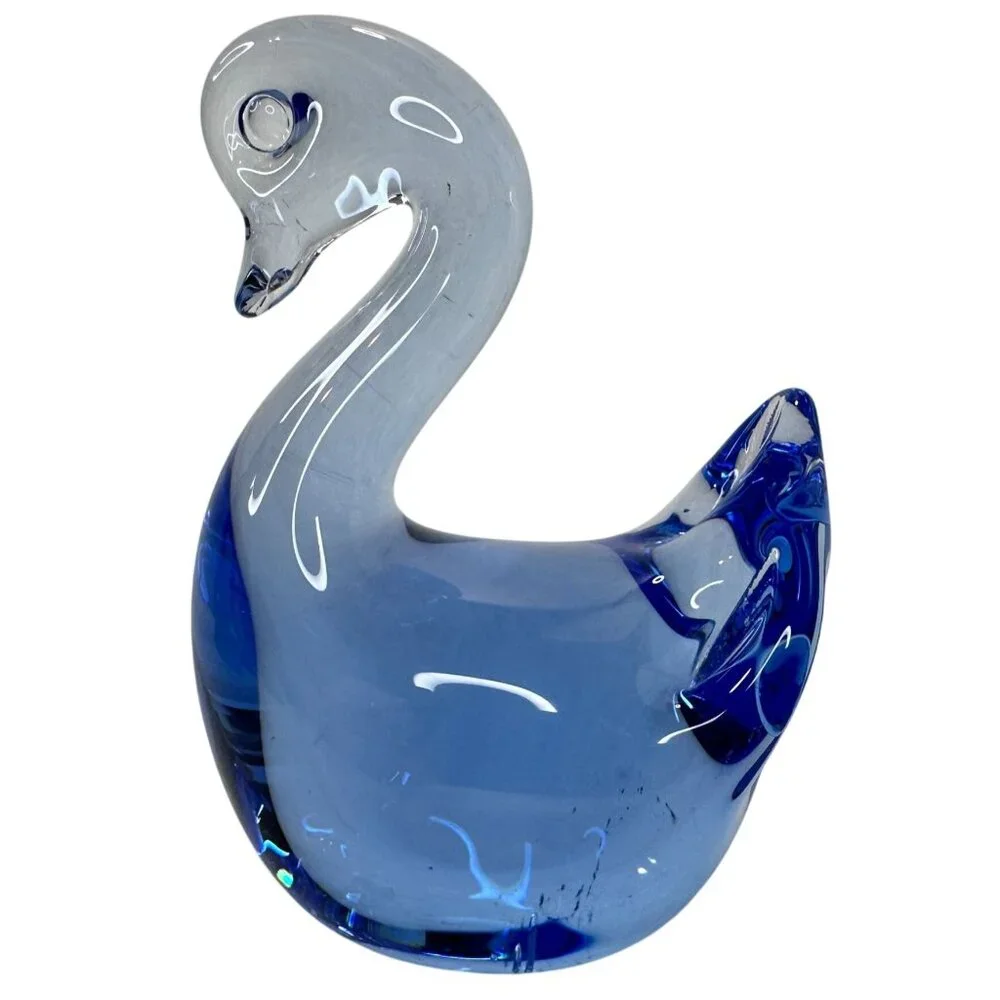 Swan Figurine Paperweight Hand Blown Art Glass Vintage Cobalt Blue 3 X 3.5 Decor